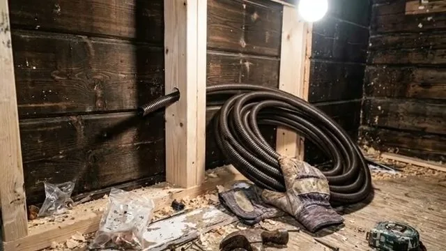 Coiled pipe insulation in basement, during hydronic heating work for a Chino Valley, AZ property.