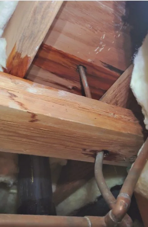 Damaged plumbing under slab floor, photographed during slab leak work in Chino Valley, AZ.