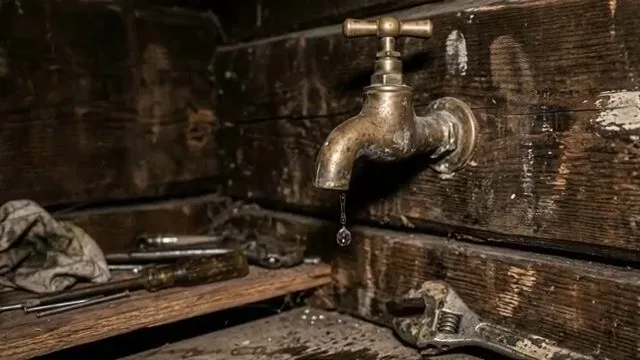 Dripping antique faucet in winter workshop, during faucet repair work for a Chino Valley, AZ property.