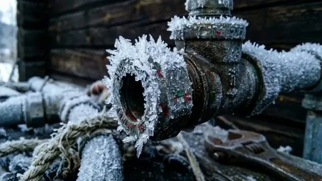 Frost covered outdoor pipe valve, during a frozen pipe call in Chino Valley, AZ.