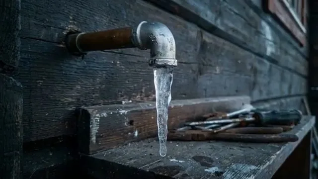 Outdoor faucet covered by long icicle, photographed during frozen pipe work in Chino Valley, AZ.