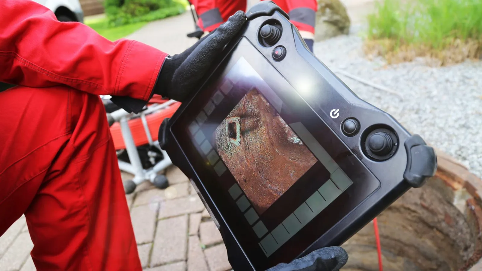 Pipe camera inspecting sewer line, photographed during sewer camera inspection work in Chino Valley, AZ.