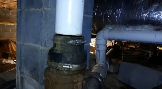 Pvc stack joined to old crawlspace drain, during a drain cleaning call in Chino Valley, AZ.