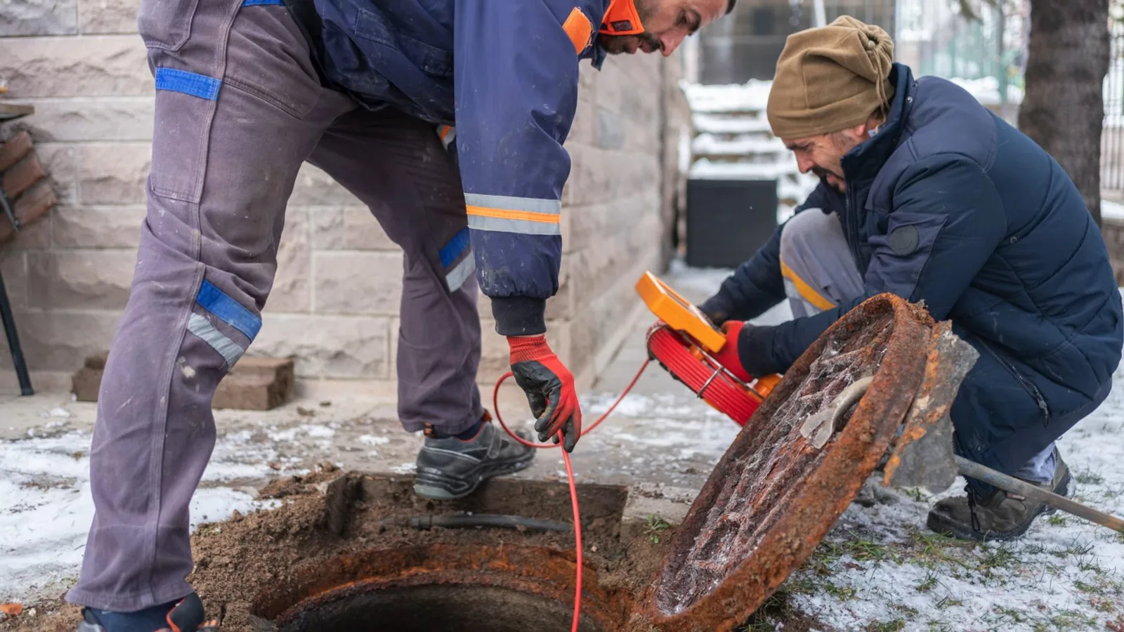 Sewer repair workers opening yard trench, captured on a sewer line job near Chino Valley, AZ.