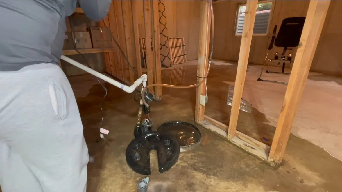 Sump pump standing in basement rough in, during sump pump work for a Chino Valley, AZ property.