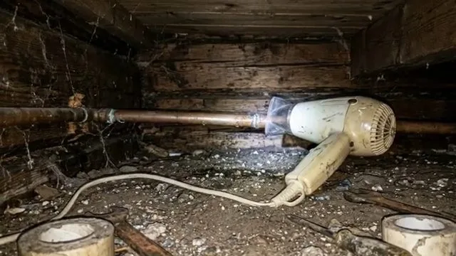Thawing frozen pipe with hair dryer, seen during frozen pipe service in Chino Valley, AZ.